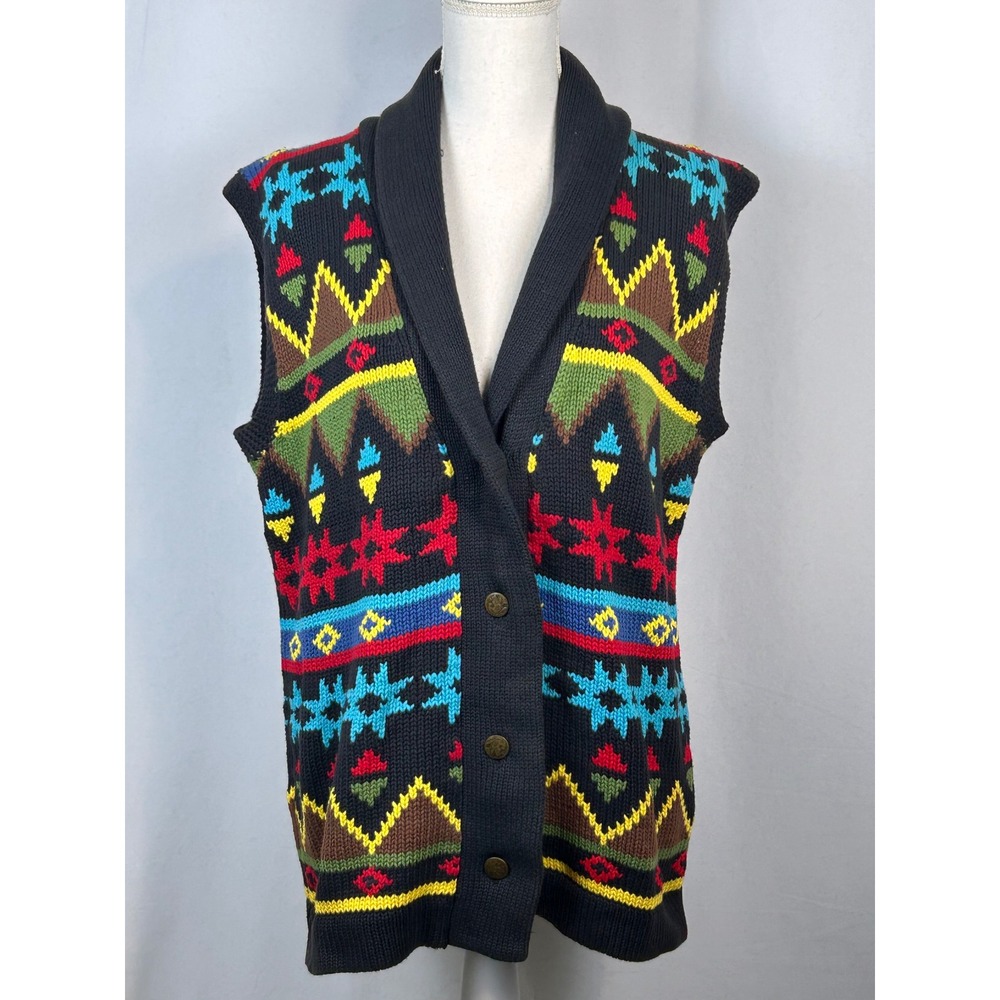 Sharon Young Southwestern Knit Vest Shawl Collar Button Front Black Multi S NWT